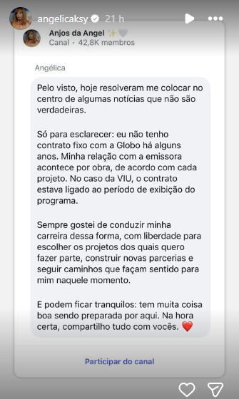  Angélica comenta sobre sua saída da agência da Globo; saiba mais